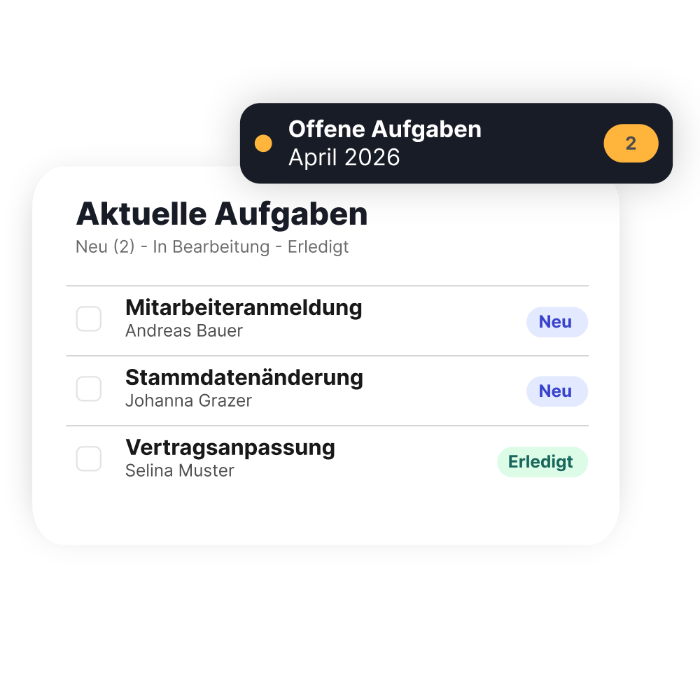 TimeTac Payroll Connect: Aufgabenliste mit offenen HR-Aufgaben wie Mitarbeiteranmeldung und Stammdatenänderung