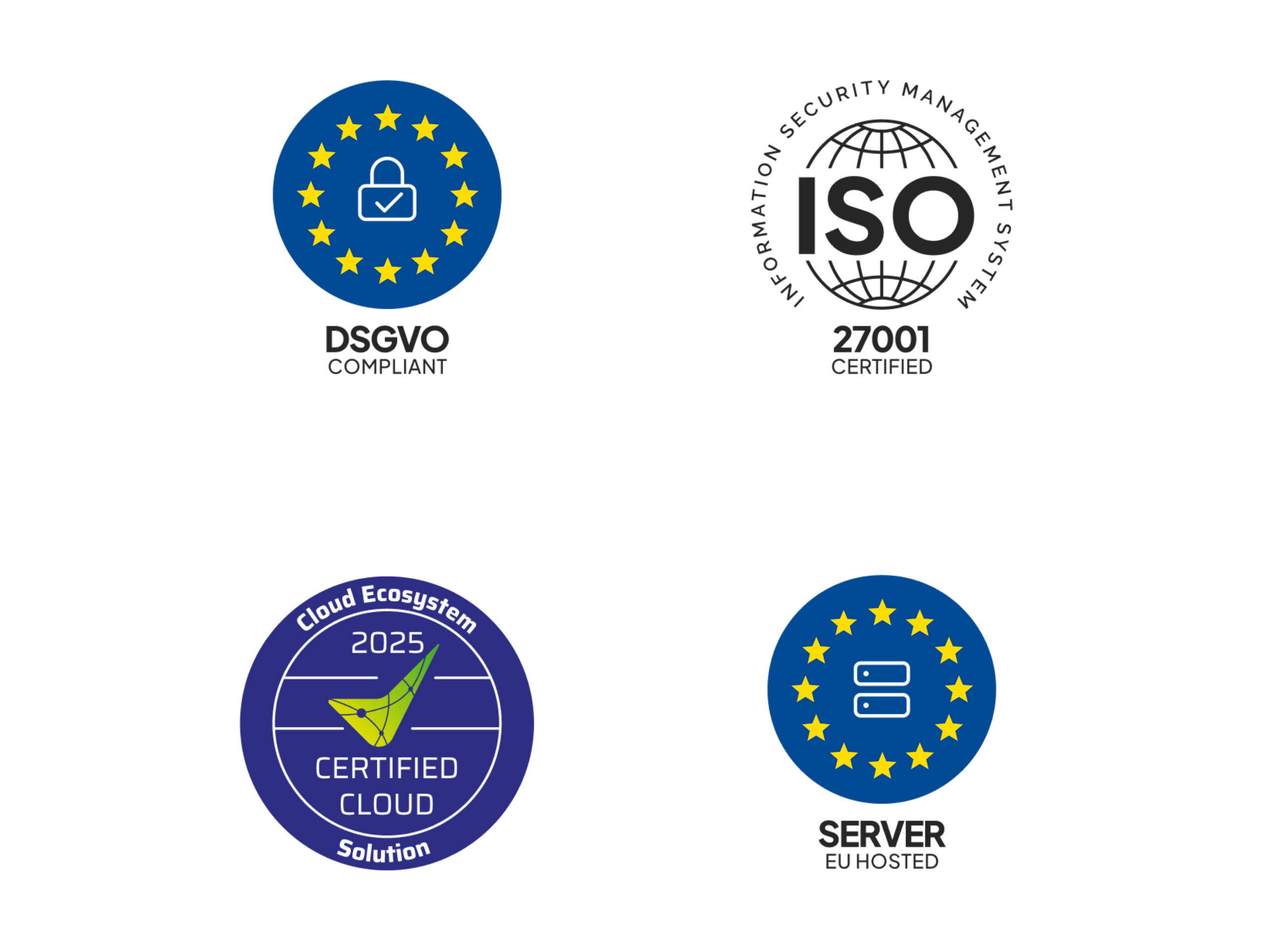 4 Datensicherheits-Siegel: DSGVO, ISO-27001-Zertifizierung, Certified Cloud 2025, EU Hosted Server